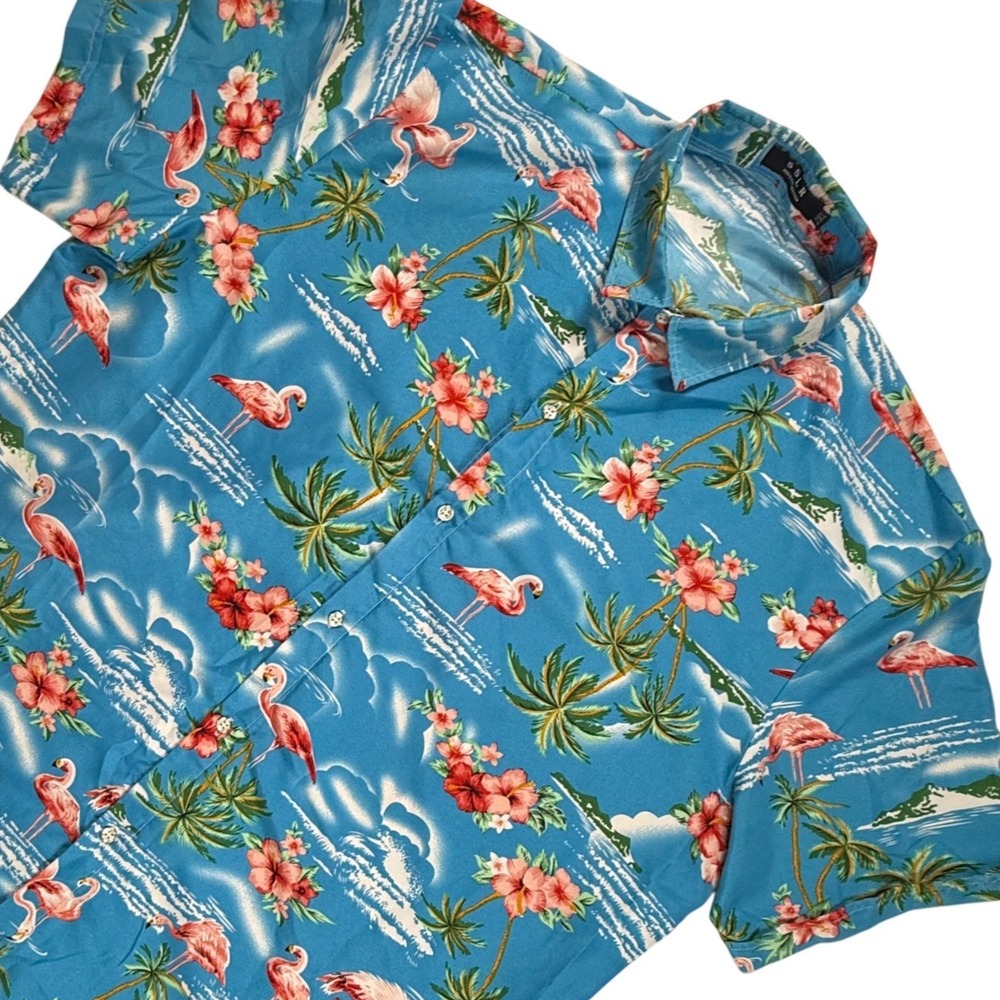 SSLR Mens 2XL Blue Flamingo Tropical Palm Tree Hibiscus Aloha Hawaiian Shirt